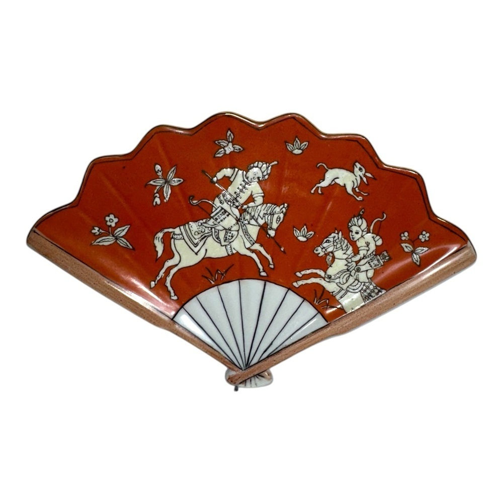 Japanese Kutani Ware porcelain Bowl Fan-Shaped Plate Set Horse Rider Design - Picture 6 of 11